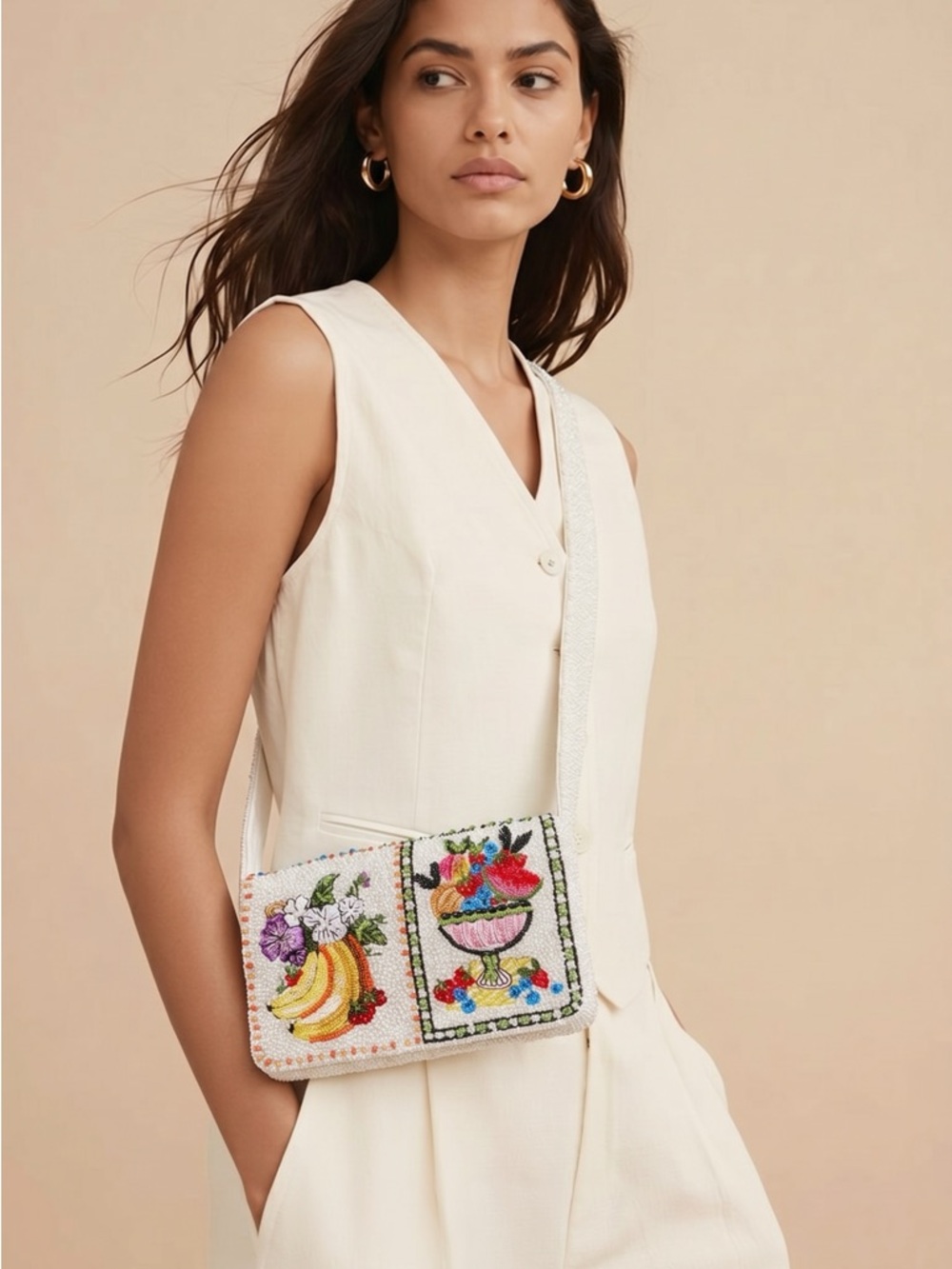 India Boutique White Beaded Crossbody with Colorful Fruit & Floral Motifs